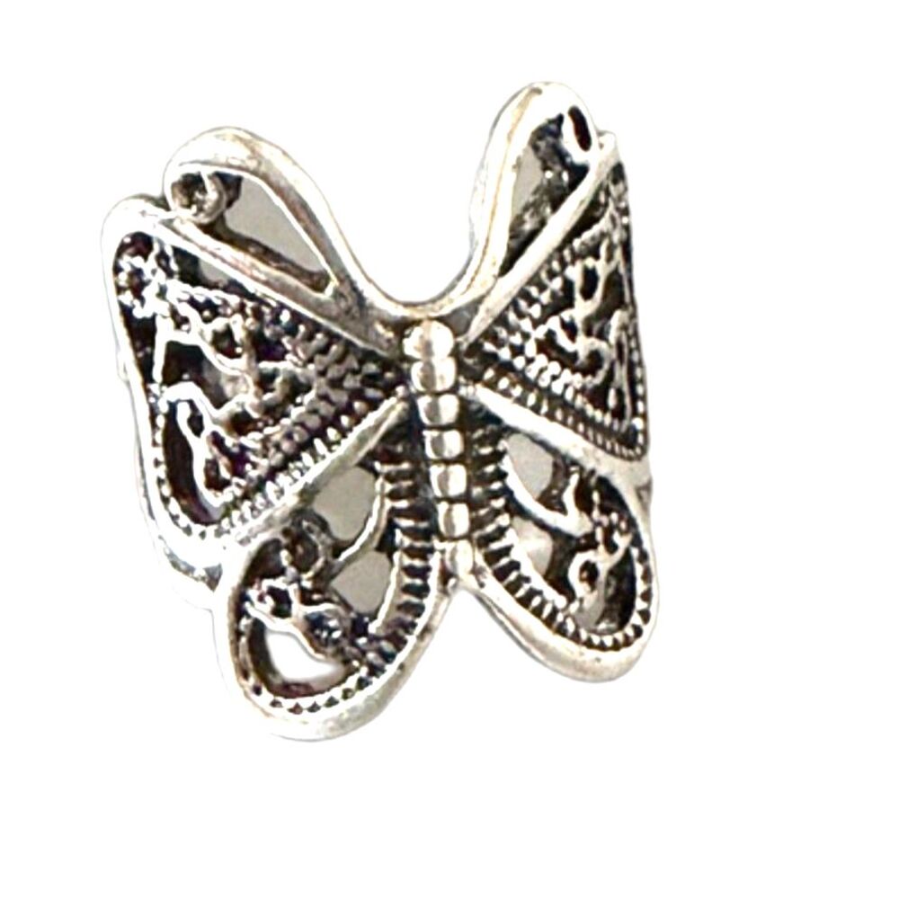 NWT Vintage Style Butterfly Adjustable Ring Silver Tone Filigree Bohemian